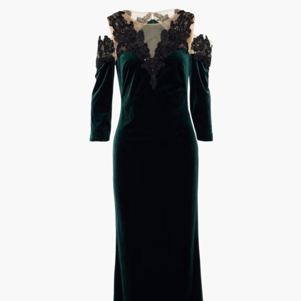 Marches Notte Cold-Shoulder Lace-Appliquéd  Velvet Gown